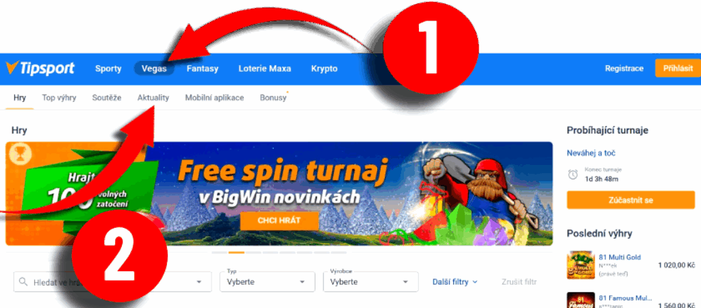 2 červené šipky ukazující kde najdete free spiny na webu www.tipsport.cz